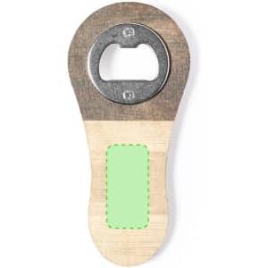 A drink bottle opener featuring a metallic top and a wooden handle with a green section for custom branding.