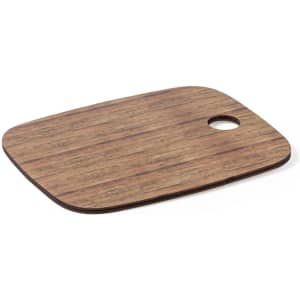 A wooden chopping board with a smooth surface and a hole for hanging, featuring a warm, brown wood grain design.