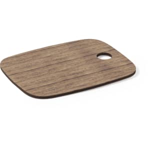A wooden cutting board featuring a brown, textured finish and a round handle cut-out.