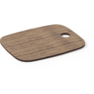 A wooden chopping board with a smooth surface and rounded corners, featuring a small hole for hanging.