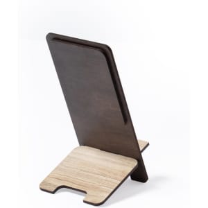 A wooden photo frame holder in dark brown and light wood, featuring a minimalist design with a sturdy base.