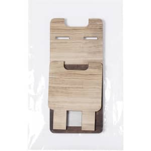 A wooden photo frame holder in natural brown tones, with a simple and modern design. It features a logo.