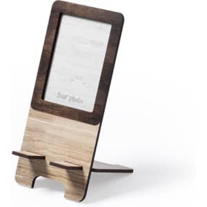 A wooden photo frame holder in natural tones, featuring a clear space for a photo and a sleek design.