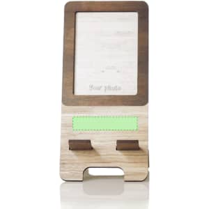 A wooden photo frame holder in natural tones with a green accent and space for photographs. It has a logo at the top.