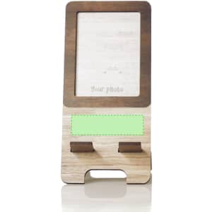 A wooden photo frame holder in a natural finish with a blank area for a photo and two support slots.