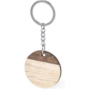A round wooden keyring with a metal chain and ring, featuring light and dark wood sections.