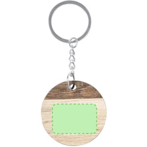 A round keyring featuring a wooden design and a metallic attachment, with a blank area for customisation.