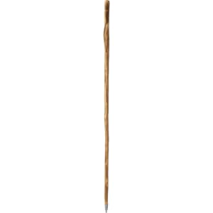 A walking pole with a natural wooden finish and a pointed end, ideal for outdoor activities.