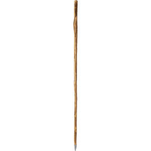 A wooden walking pole with a natural finish, featuring a curved handle and a metallic tip, and includes a logo.