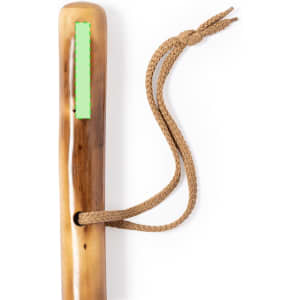 A wooden walking pole with a natural finish and a tan rope attached to the handle.