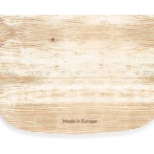 A light-coloured wooden cutting board with a natural grain pattern and rounded edges, featuring a brand logo.