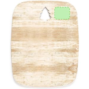 A wooden chopping board with a natural wood grain finish and a tree-shaped cutout at the top.