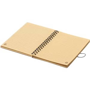 A spiral-bound notebook with lined pages and a natural brown cover, featuring a logo on the front.