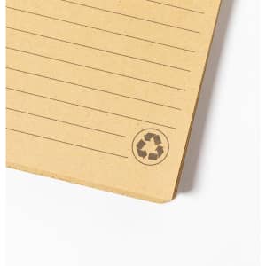 A brown notebook with lined pages and a recycling symbol in the bottom corner. It has a simple design and a textured cover.