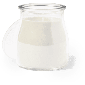 A white aromatic candle in a clear jar with a lid. The jar features a simple, elegant design.