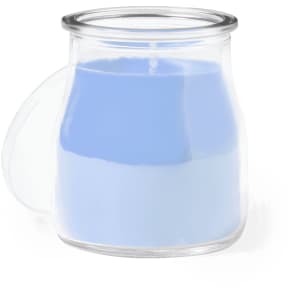 A blue aromatic candle in a clear glass jar with a lid, ideal for home décor and relaxation.
