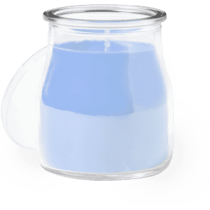 A blue aromatic candle in a clear glass jar, featuring a lid.