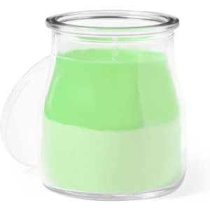 A green aromatic candle in a clear glass jar with a lid, featuring a two-tone design with light and dark green sections.