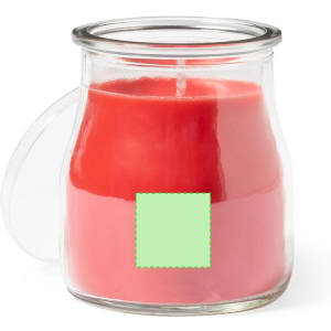 A glass jar candle featuring a layered design in pink and red hues, with a lid and a logo on the jar.