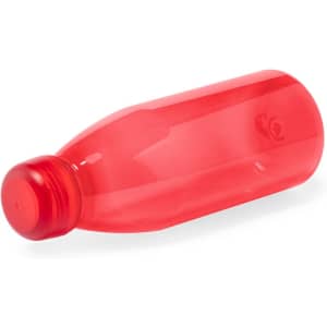 A drink bottle in transparent red with a rounded cap and a sleek, contoured design. It features a logo.