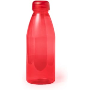 A drink bottle in a bright red colour with a screw-top lid and a smooth, transparent design.