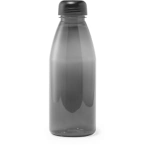 A drink bottle in a sleek, smoky grey colour with a black cap and a simple design. It features a logo.