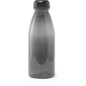 A drink bottle in a translucent grey colour with a black screw-top lid and a simple design.