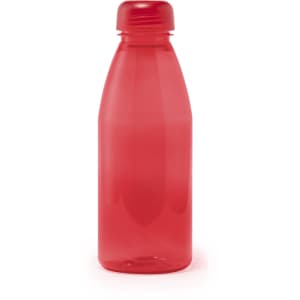 A drink bottle in vibrant red, featuring a rounded shape and a screw-on cap. It has a logo on the surface.
