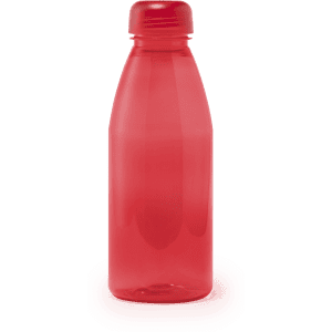 A drink bottle in bright red with a rounded cap. It features a simple design and has a logo.