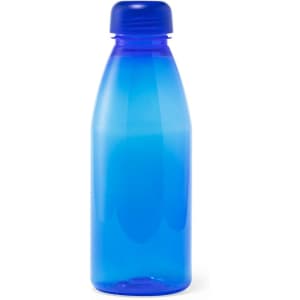 A drink bottle in a translucent blue colour with a blue cap and a simple design featuring a logo.