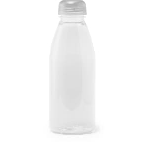 A drink bottle in clear plastic with a silver cap, featuring a simple design and a subtle logo.