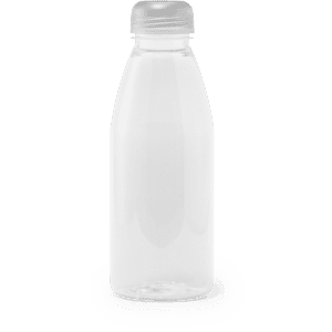 A drink bottle in a clear plastic design with a screw-on lid, featuring a simple, sleek shape.