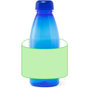 A drink bottle in shades of blue, featuring a round logo area in the middle.