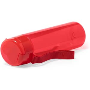 A drink bottle in vibrant red, featuring a secure lid, strap, and a branding logo.