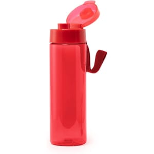A drink bottle in vibrant red, featuring a flip-top lid and a carrying strap. It has a smooth, transparent finish.