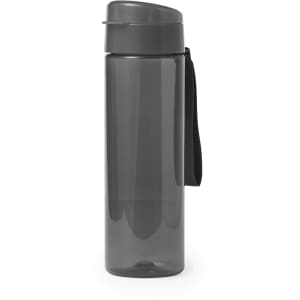 A drink bottle in a sleek, transparent grey design with a black strap and lid. Features a logo.