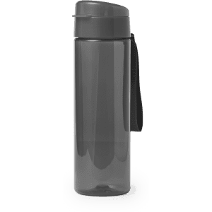 A drink bottle in dark grey, featuring a secure lid and a carrying strap. It has a logo on the side.