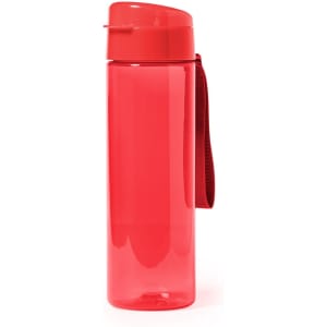 A drink bottle in bright red with a secure lid and a fabric strap. It features a logo on the side.
