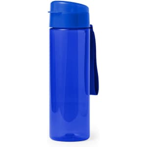 A drink bottle in a vibrant blue colour with a matching lid and a strap for easy carrying.