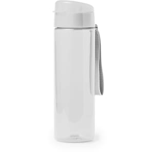 A drink bottle in clear plastic with a grey cap and a strap. Features a logo on the side.