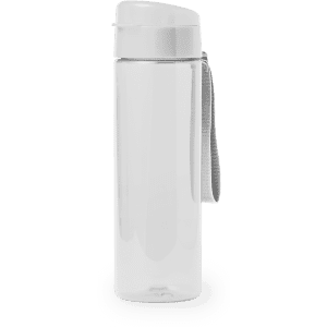 A drink bottle with a transparent body and a white cap, featuring a grey strap.