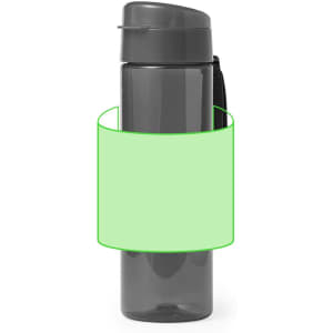 A drink bottle in grey plastic featuring a secure lid and a carry strap, with a plain design.