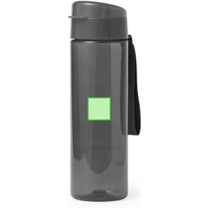 A drink bottle in grey with a green square design and a black strap for easy carrying.