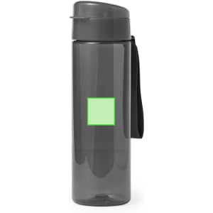 A drink bottle in grey with a black handle and a blank area for branding.