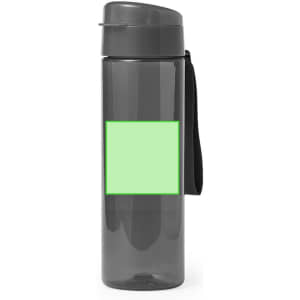 A drink bottle in grey with a green label area and a black strap for easy carrying. It features a lid for secure sealing.