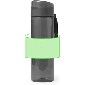 A drink bottle in grey with a cylindrical design, featuring a secure lid and a branding logo.