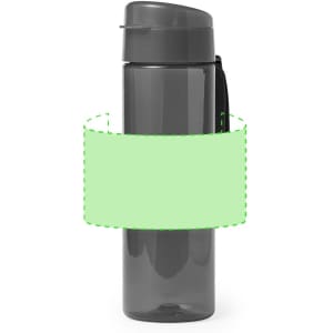 A drink bottle in grey with a sleek design and a black lid, featuring a logo on the side.