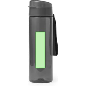 A drink bottle in dark grey with a transparent light green section and a strap. It features a logo on the side.