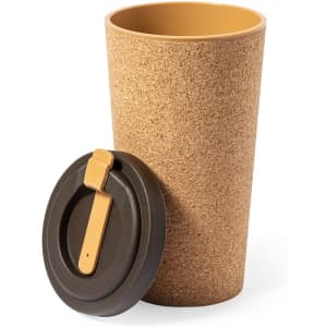 A drink bottle with a cork exterior and a brown lid, featuring a contrasting orange interior.