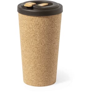 A drink bottle featuring a cork exterior and a dark lid, with a simple design and a logo present.